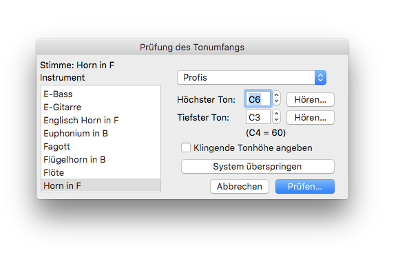 Dialogbox Prüfung des Tonumfangs (Plug-In)